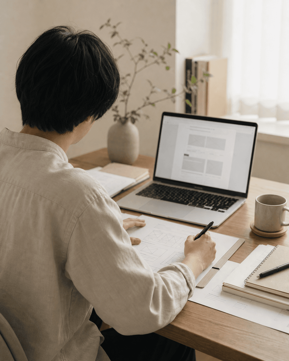 後ろ姿の制作者がワイヤーフレームを描きながらWebサイトの構成を考えている作業風景